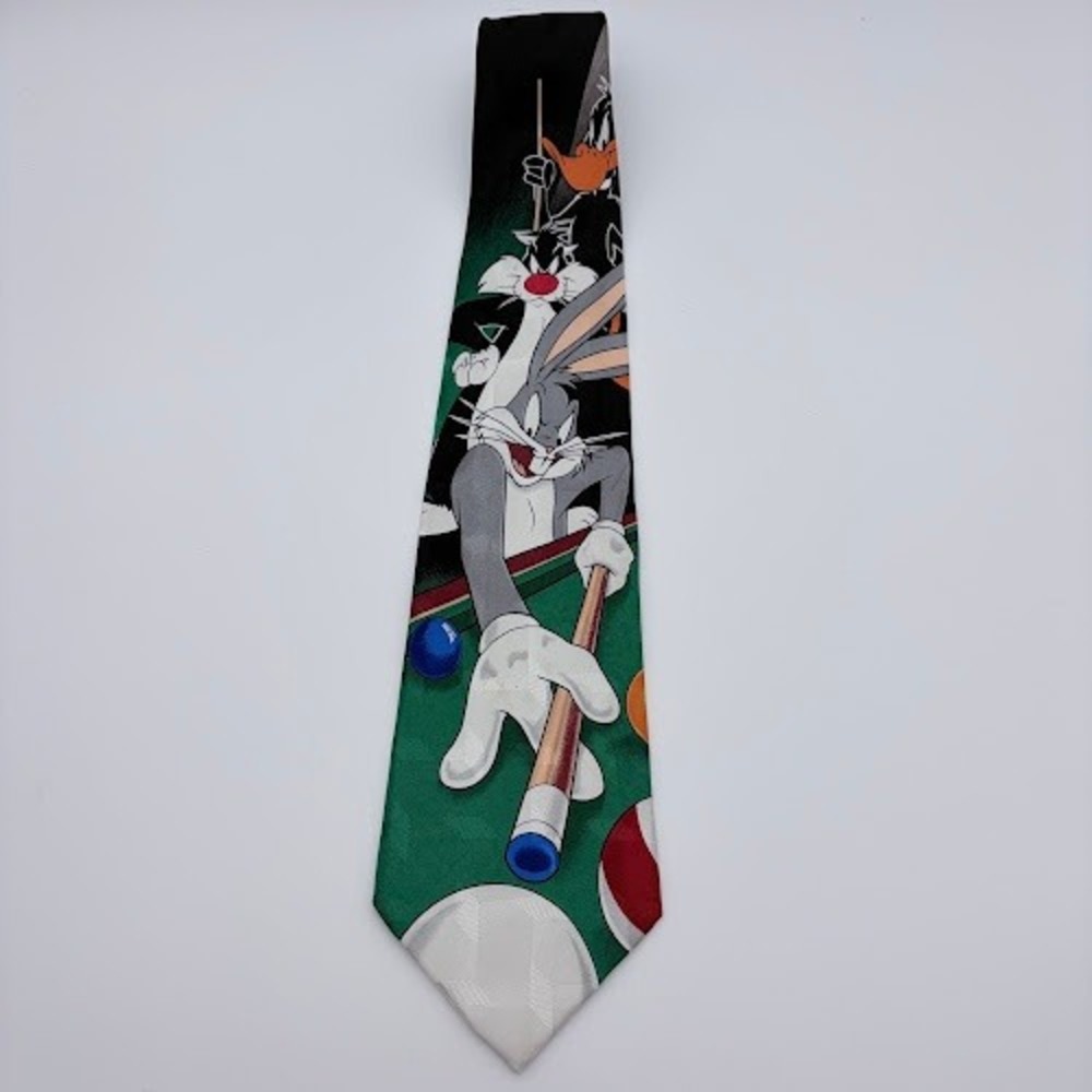 VTG Looney Tunes Necktie Mens OS Green Bugs Bunny Pool Billiards 1996 Silk Tie